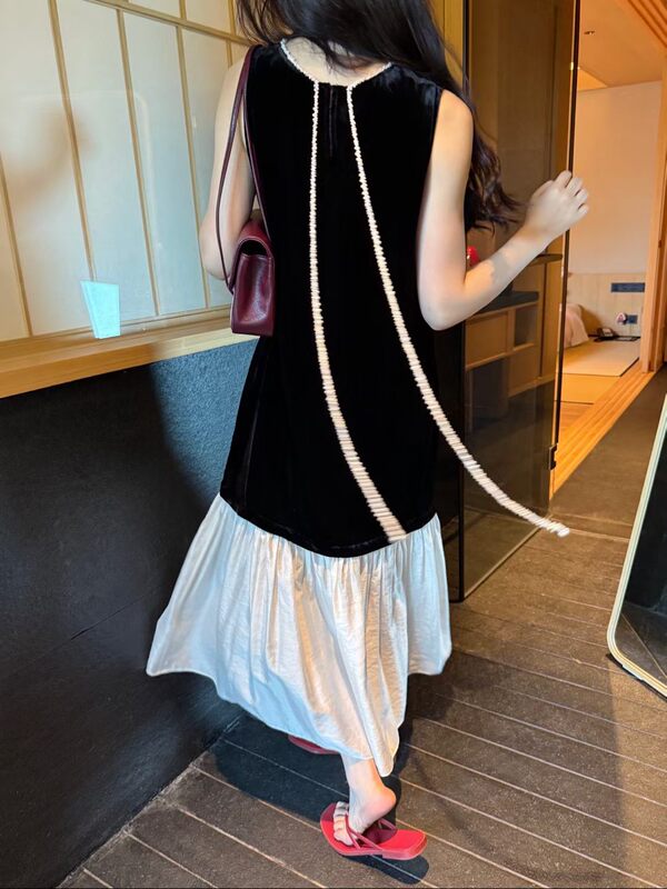 Black Velvet Patchwork Fishtail Hem Heavy-Duty Ribbon Vest Dress Korean Style High-Quality Little Black Dress 2026