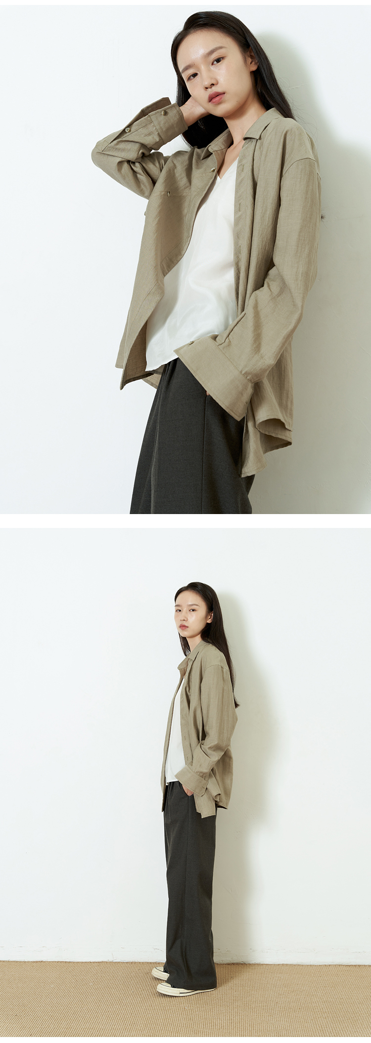 Glossy gray lake green slanted placket multi-button long-sleeved shirt tea service SH210601 - เสื้อเชิ้ตผู้หญิง - ผ้าฝ้าย/ผ้าลินิน สีกากี