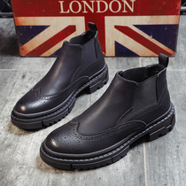 Frosted Leather One Foot Pedal High Bunch Shoes Male Tide Mens Genuine Leather Retro Thick Underfoot Inn Martin boots heightening black short boots