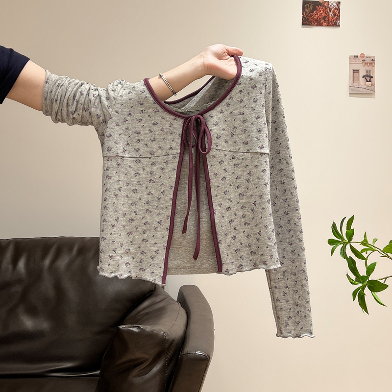 Gray Floral Tie-Up Fake Two-Piece Long-Sleeve T-Shirt for Women, New Autumn Style, Sweet and Spicy Girl Lace-Trimmed Design Top