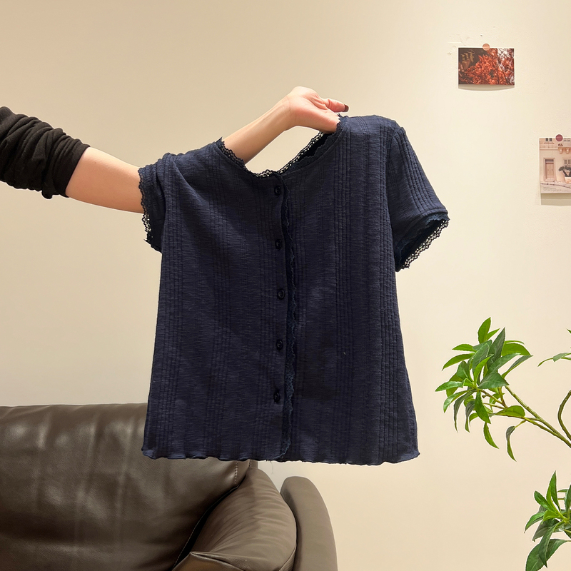 Navy Blue Lace Trim Round Neck Short-Sleeve T-Shirt 2026 Spring/Summer New Slim-Fit Cardigan Age-Reducing Top for Women
