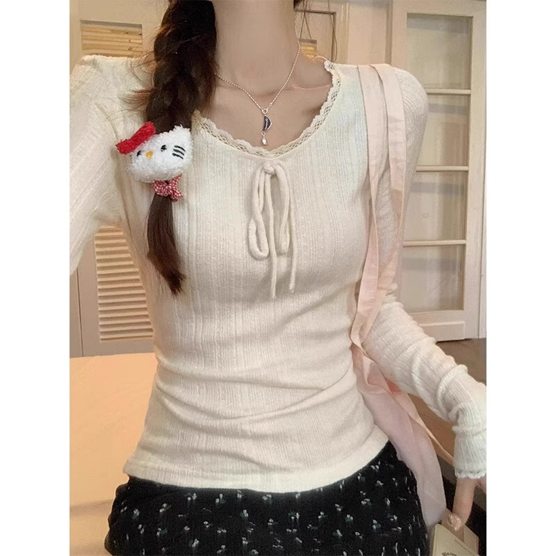 Apricot-Colored Sweet Long-Sleeved Round-Neck Inner T-Shirt for Women, New Autumn Lace-Up Design, Niche Base Shirt