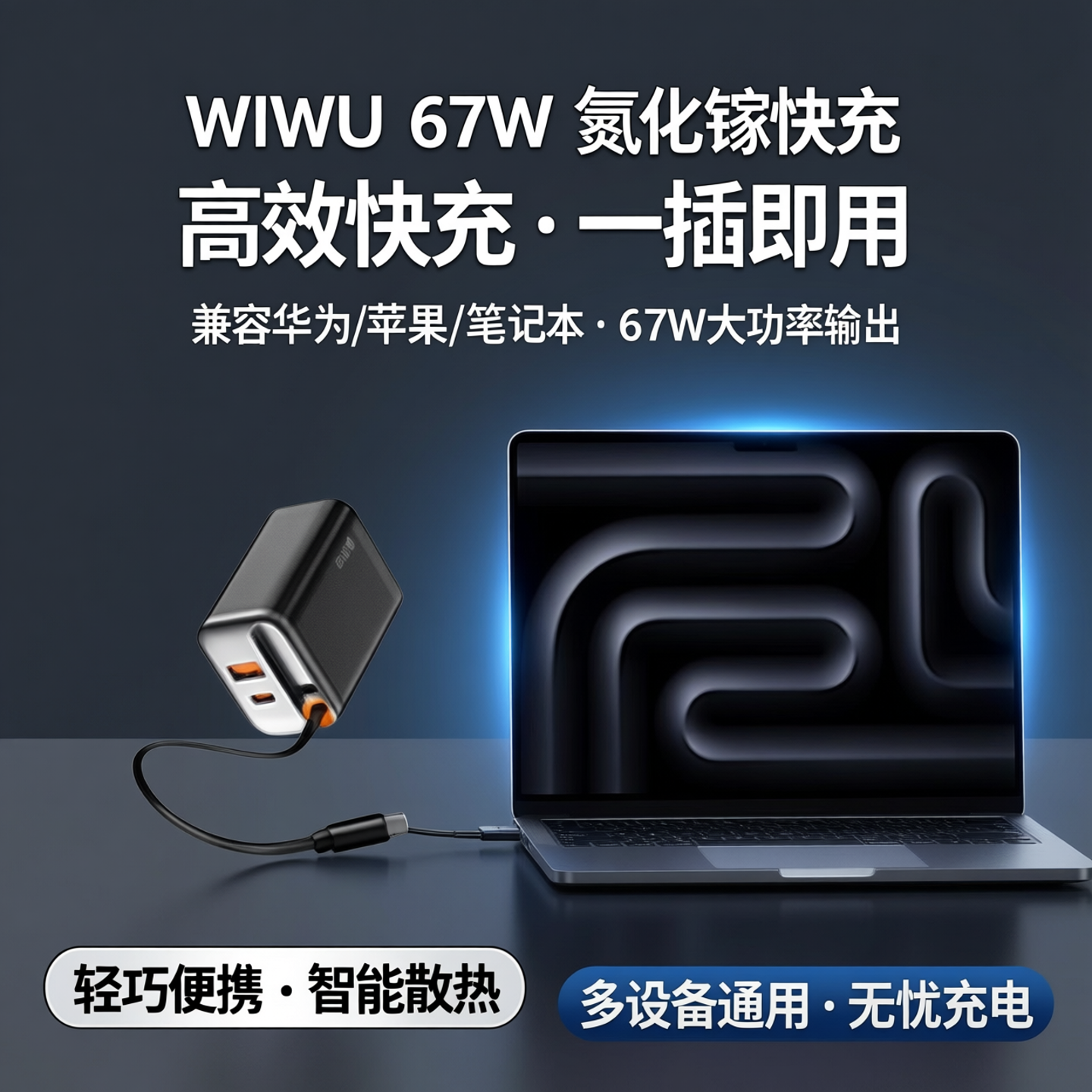 WIWU 67W GaN急速充電器、格納式ケーブル、Type-Cプラグ、PD充電ケーブル付き。Huawei、Apple iPhone 17 Pro Max、ノートパソコン、iPhone 16に対応。