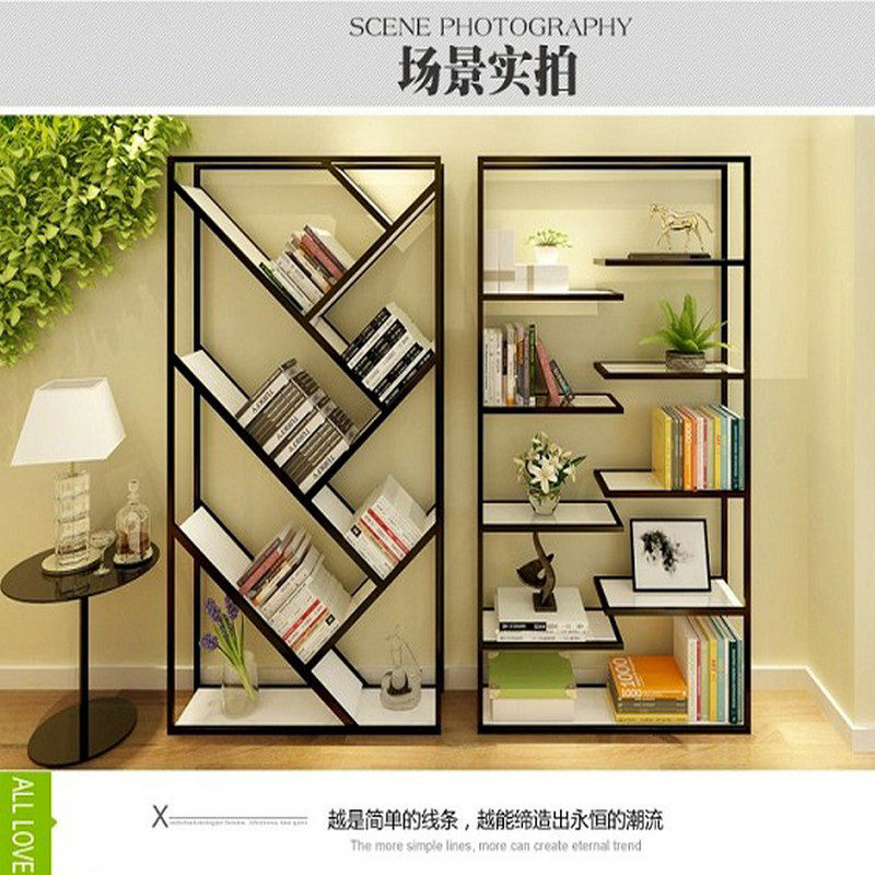 Loft wrought iron bookshelf floor rack solid wood living room display rack partition decoration rack office combination bookcase
