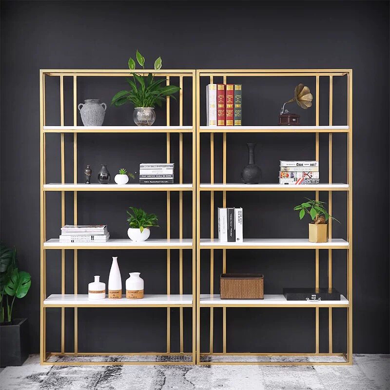 Nordic wrought iron rack simple storage shelf floor creative bookshelf solid wood partition rack golden living room display rack