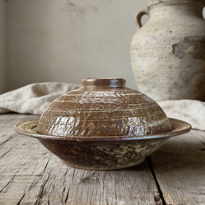 Handmade Rustic Pottery Wabi-Sabi Style Soup Plate with Lid: Vintage Household Dish/Soup Plate