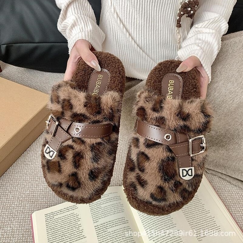 Leopard Print Fur Slippers for Women, Suitable for Outdoor Wear in Winter, with Plush Lining, Trendy and Popular, High-End Home Slippers with Thick Soles and Leopard Print Cotton