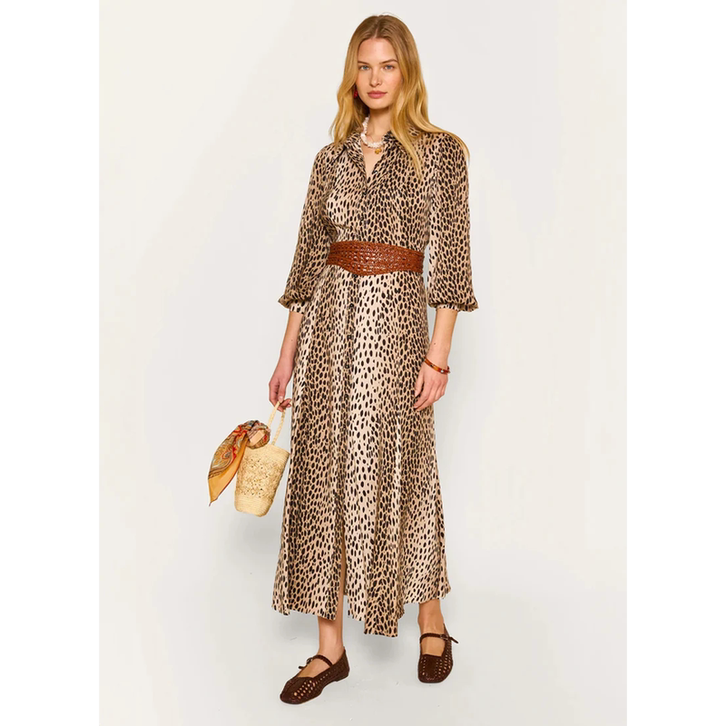 British Single Rixo Gradient Leopard Print Rayon Long-Sleeve Long Skirt Dress with Waist Tie