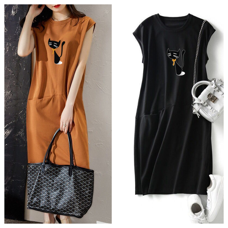 Summer New Short-Sleeved Women's Fashion Loose Slimming Cat Print Sleeveless T-Shirt Dress Mid-Length Pocket Fairy Dress