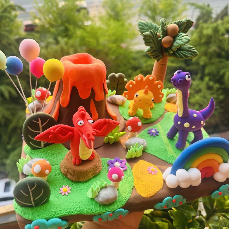 Ultra-Light Clay Dinosaur Scene Set, Finished Product, Handmade, Clay Diy, Clay Animals