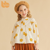 Girl Pure Cotton Polo Dot Shirt Spring Autumn Upright Collar Foreign Air Children Blouses Big Boy Girl Spring Jacket Autumn Clothing