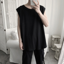 Mr. Short-term pure black pure vest mens summer Korean version ins Waistle collar sleeveless bottomed casual T-shirt