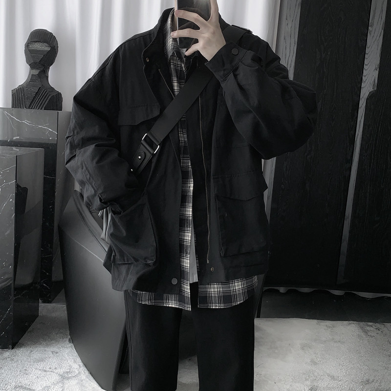 Mr Spring and autumn dark vintage round neck loose wide version four bags frock short windbreaker jacket for men and women