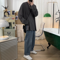 Mr. Spring new solid color long sleeve T-shirt men Korean version of ins trend wild high open fork round neck base shirt