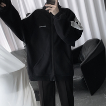 Mr. Short self-made 2021 new autumn and winter sports cardigan sweater men Korean version plus velvet stand collar coat men couples