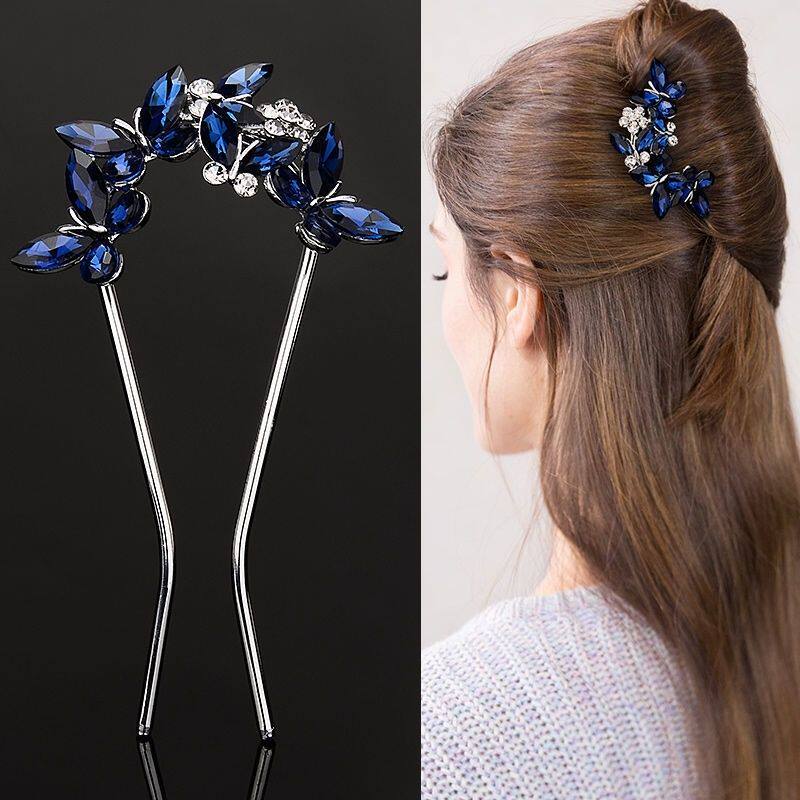 Butterfly hair comb, high-end rhinestone hairpin, U-shaped hair clip, retro crystal hair clip for women's ponytail, back of head clip.