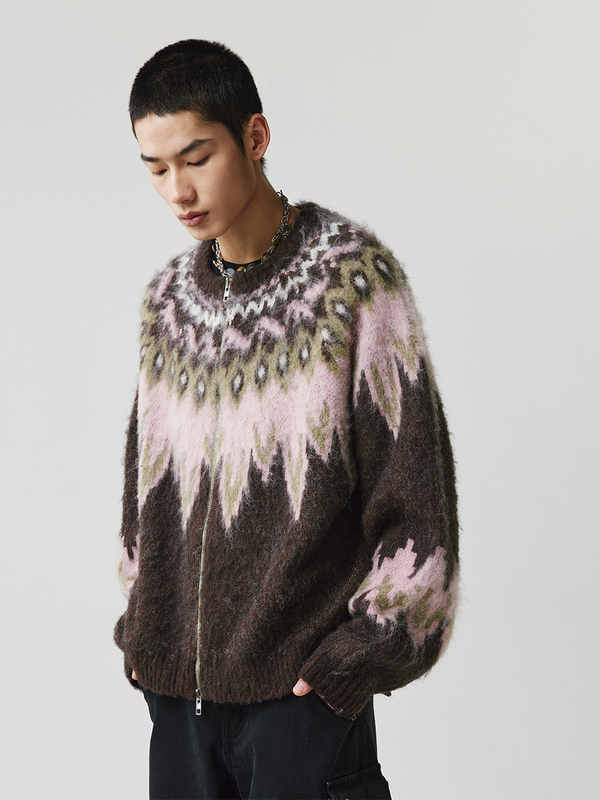 Limpidoculus Original Christmas Brown Pink Fair Isle Long-Haired Wool Blend Sweater Jacket Cardigan