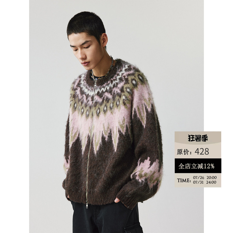 Limpidoculus Original Christmas Brown Pink Fair Isle Long-Haired Wool Blend Sweater Jacket Cardigan