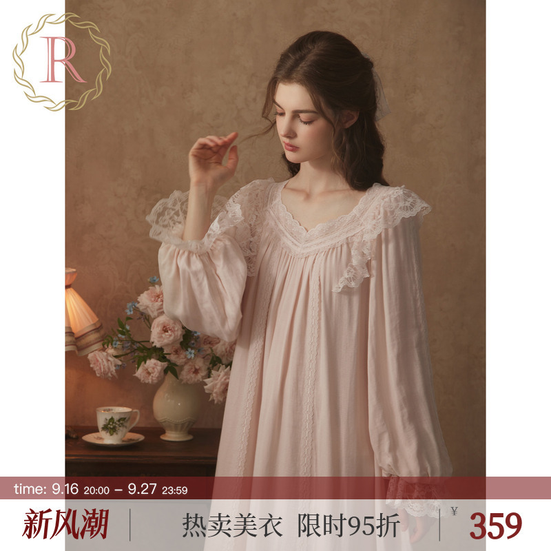Rosetree Palace-Style Women's Spring and Autumn Long-Sleeved Lace Nightgown French Retro Princess High-End Pajamas Rosetree Palace-Style Women's Spring and Autumn Long-Sleeved Lace Nightgown French Retro Princess High-End Pajamas