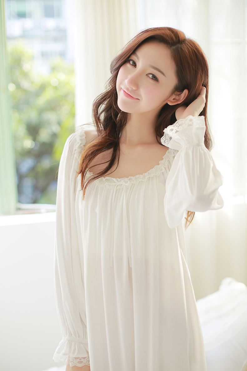 ROSE TREE nữ tính bầu không khí cotton công chúa tòa nightdress thứ hai trắng vẻ đẹp cotton retro nightdress