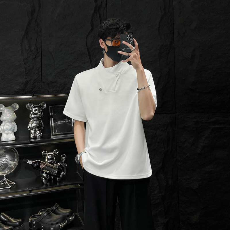 Homme High-End Half-High Collar Short-Sleeve T-Shirt for Men, Summer White Loose Fit Shoulder Pad Top Trendy