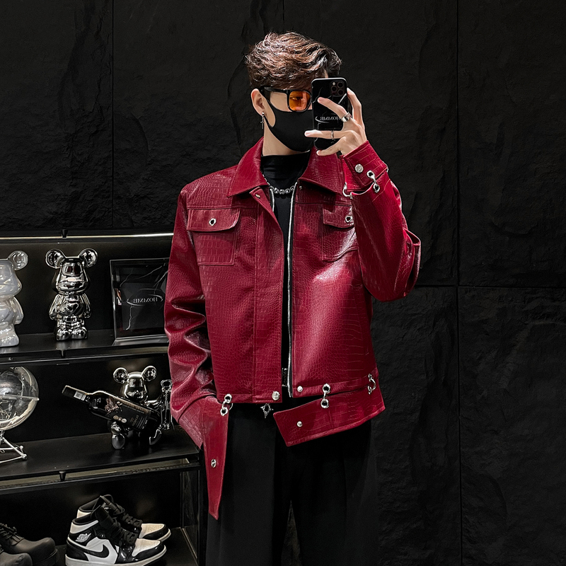 Homme Niche Crocodile Pattern Padded Shoulder Pu Leather Jacket with Patchwork Design, High-End Men's Outerwear