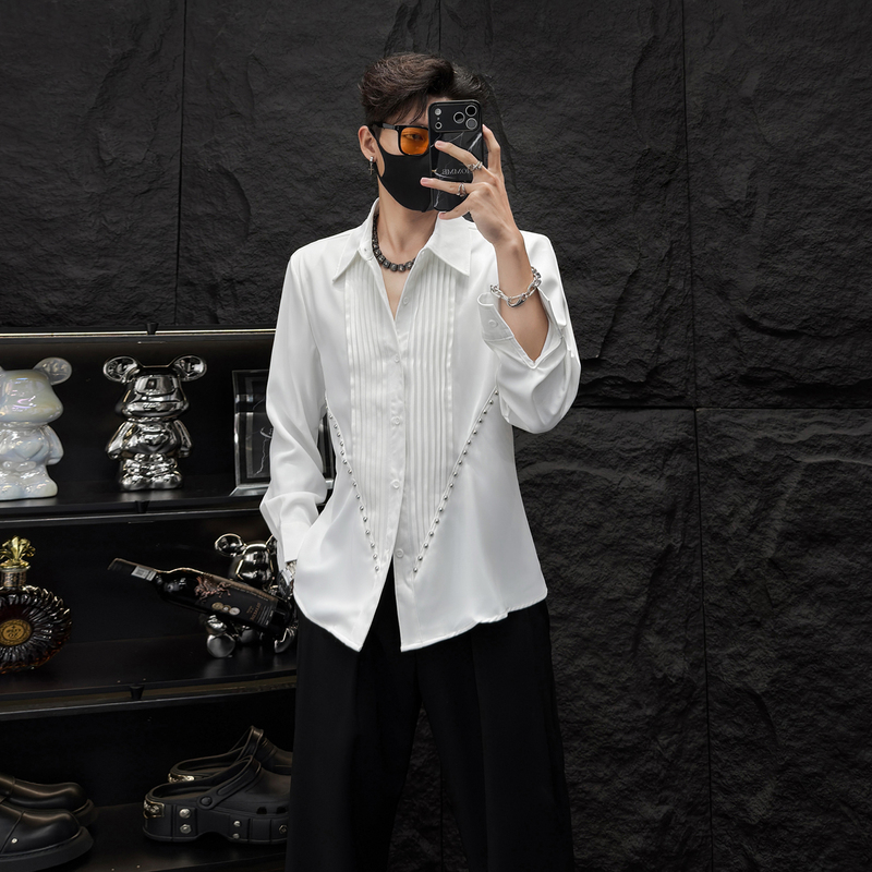 Homme Light Luxury Accordion Pleated Studded Long-Sleeve Shirt for Men with Inverted Triangle Waist and Shoulder Pads Trendy Shirt Homme Light Luxury Accordion Pleated Studded Long-Sleeve Shirt for Men with Inverted Triangle Waist and Shoulder Pads Trendy Shirt