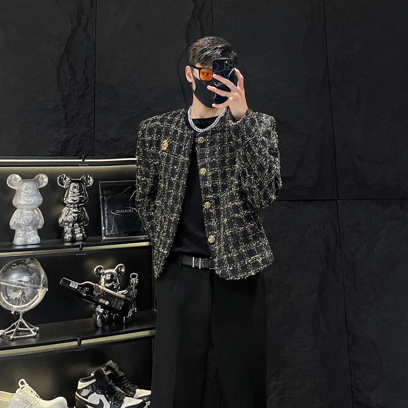 Homme Fashion Tweed Woven Chanel-Style Plaid Jacket for Men with Shoulder Pads, Short Jacket Top