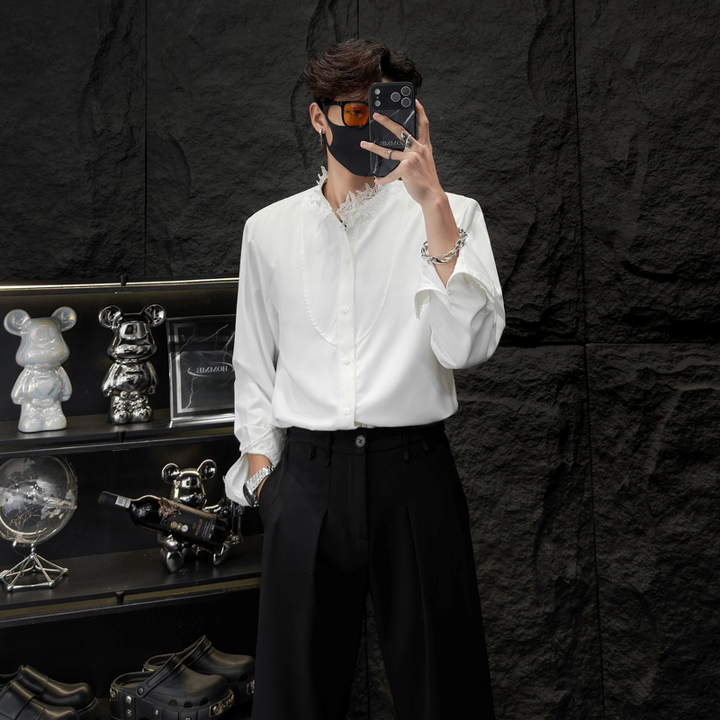 Homme Niche Lace Stand-Up Collar Long-Sleeve Shirt for Men, High-End and Elegant White Casual Shirt Homme Niche Lace Stand-Up Collar Long-Sleeve Shirt for Men, High-End and Elegant White Casual Shirt