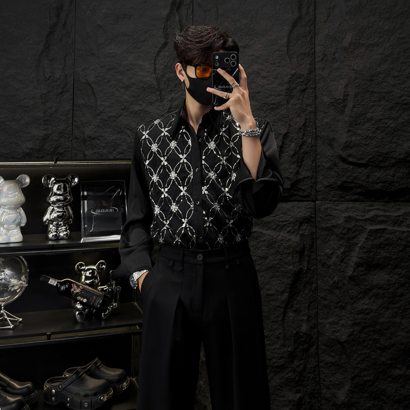 Homme High-End Lace Patchwork Sequin Long-Sleeve Shirt for Men, Niche Black Light Luxury Loose Shirt Homme High-End Lace Patchwork Sequin Long-Sleeve Shirt for Men, Niche Black Light Luxury Loose Shirt