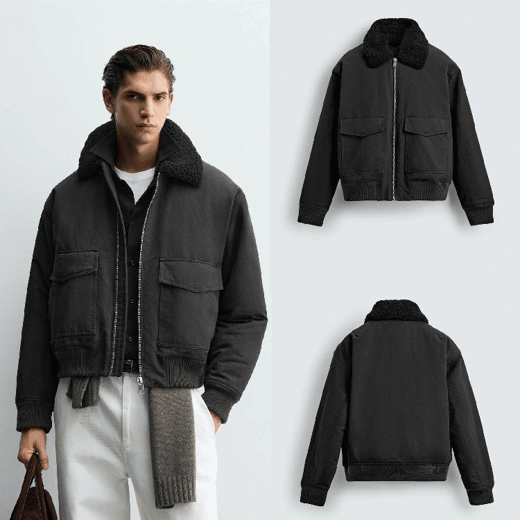 Za2025 Autumn/Winter New Men's Clothing Fur Collar Fleece Turn-Down Collar Cotton Pilot Jacket Coat 0155170