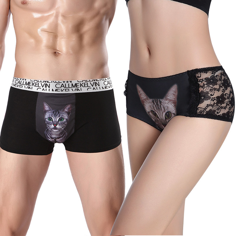 Couple underwear cotton cute creative Korean Ice Silk breathable male flat corner female triangle lace cat personality suit