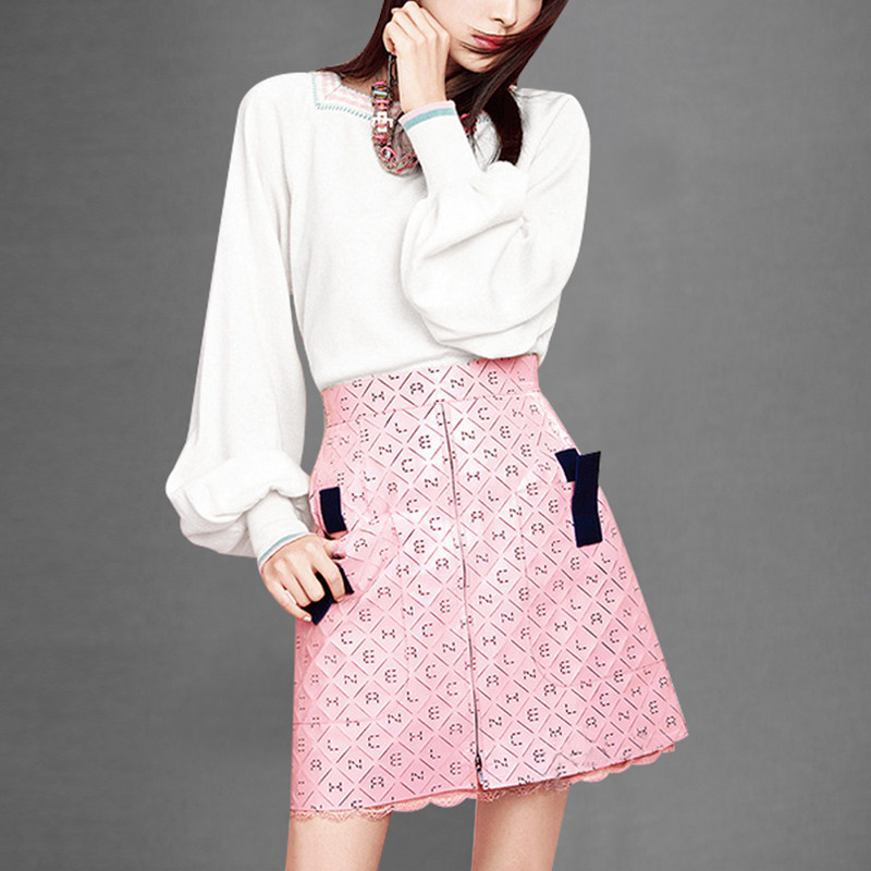 2017秋装新款女装欧美时尚灯笼袖短上衣+拼接蕾丝花边A字半裙套装