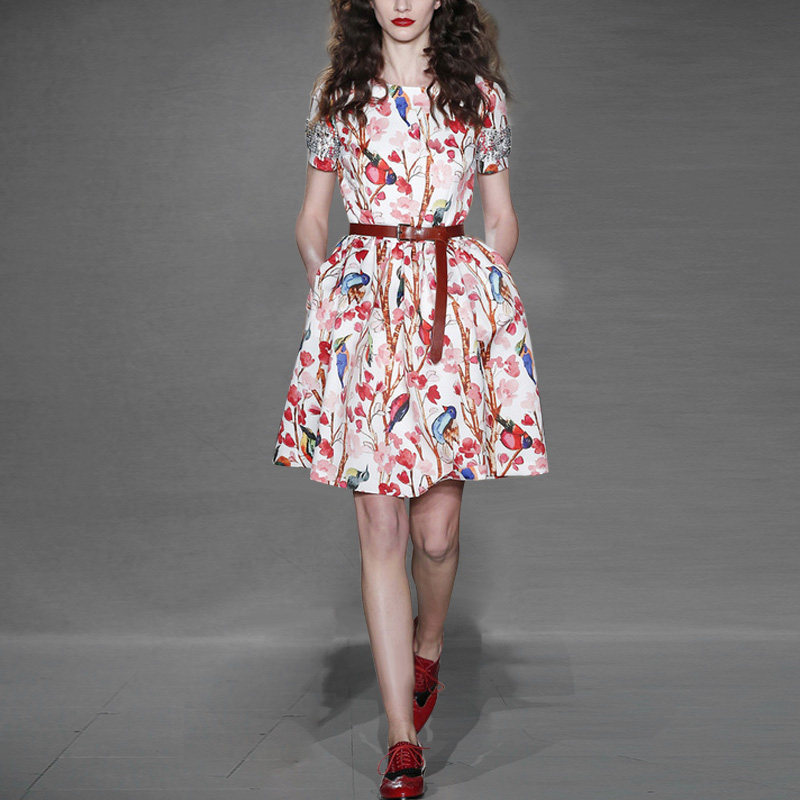 2017夏装 欧美时尚甜美森女风花鸟印花收腰大摆短袖连衣裙