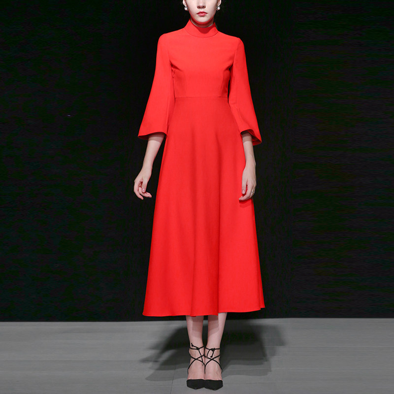 秋季气质名媛复古高腰长裙长袖显瘦中长款连衣裙女装秋装2017新款