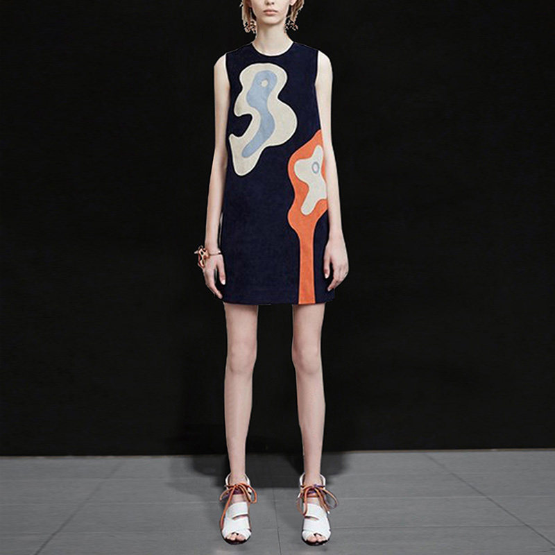 DF夏季时尚休闲印花裙子无袖显瘦中长款连衣裙女夏装2017新款女装