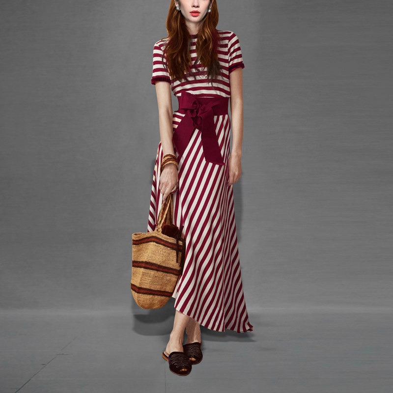 夏季时尚气质复古休闲两件套条纹上衣半身裙套装女装夏装2017新款