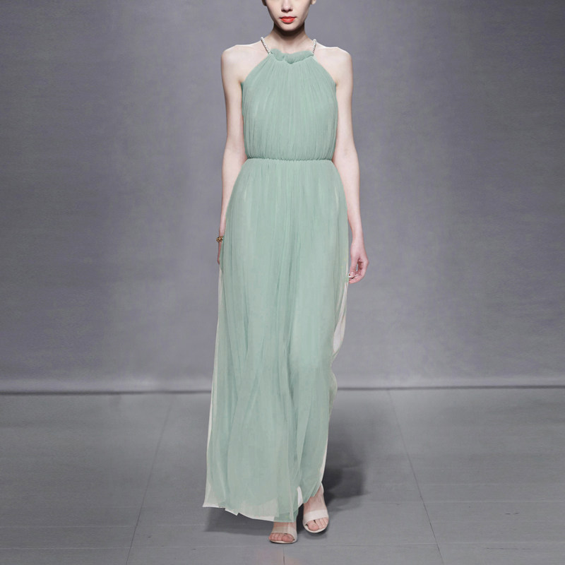 夏季气质名媛优雅长裙露肩显瘦中长款雪纺连衣裙女装夏装2017新款