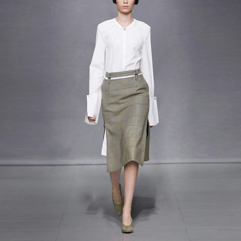 2017秋装新款女装欧美抽褶简洁长款衬衣+开叉格子半裙套装