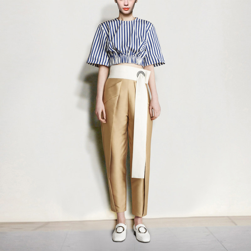 2017秋装新款女装时尚气质休闲两件套条纹短袖上衣九分裤套装秋季