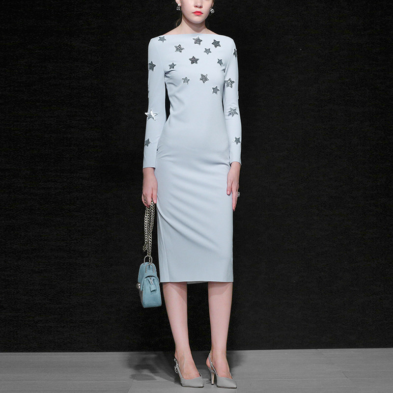 秋季气质名媛修身长裙长袖显瘦中长款包臀连衣裙女装秋装2017新款