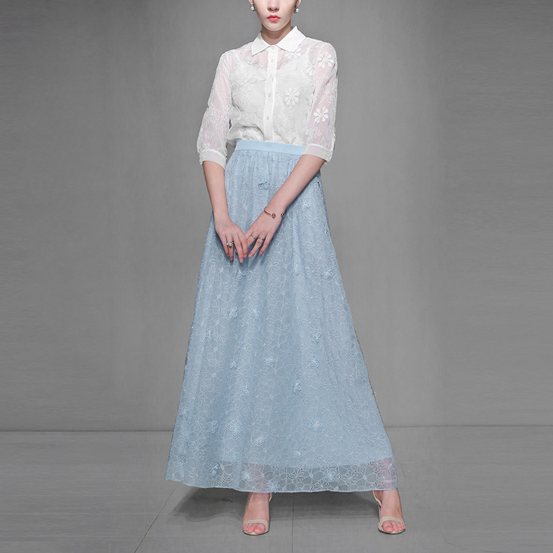 秋季女装新款优雅名媛雪纺绣花时尚七分袖透视衬衣大摆半裙套装