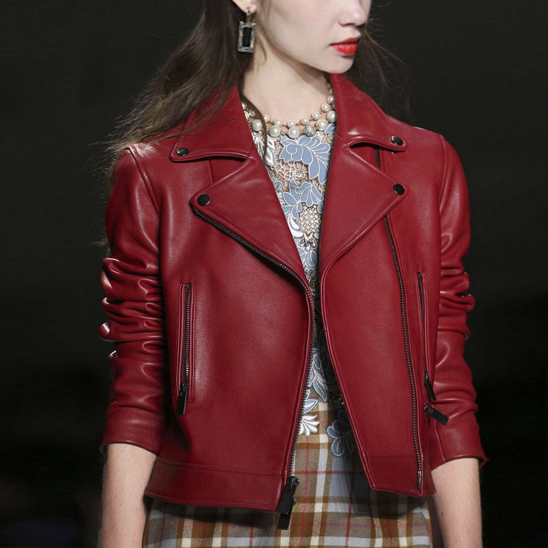 2017秋装新款女装欧美时尚简洁气质红色街头短款皮衣
