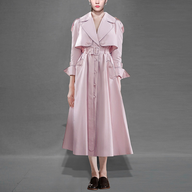 秋装潮新款女装大摆风衣显瘦欧美时尚西装领长袖收腰系带甜美外套