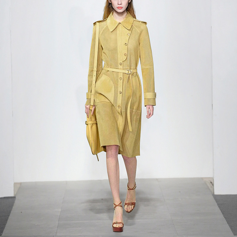 2017秋装女装新款长袖风衣简洁干练时尚拼接网布显瘦中长款外套