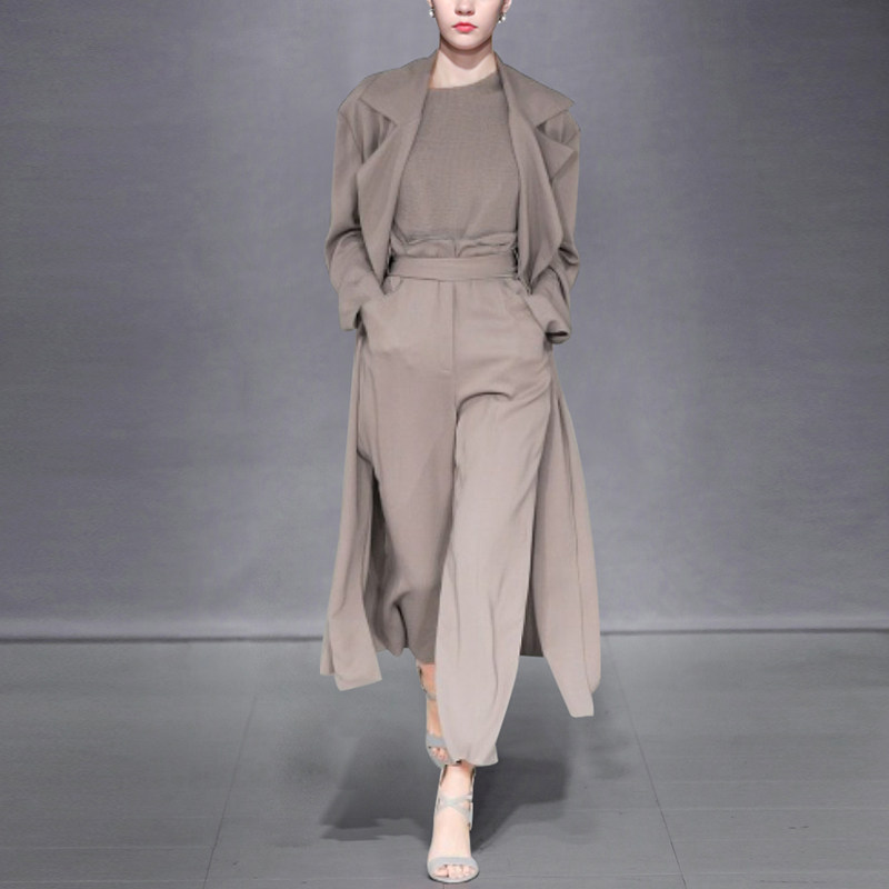 2017秋装新款女装欧美时尚落肩长款百搭风衣+九分阔腿裤两件套