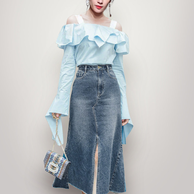 2017秋装新款女装欧美荷叶边一字肩不对称上衣+开叉牛仔半裙套装