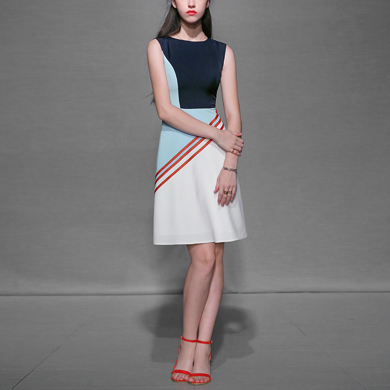 DF夏季气质名媛裙子A字裙收腰显瘦中长款连衣裙女装夏装2017新款