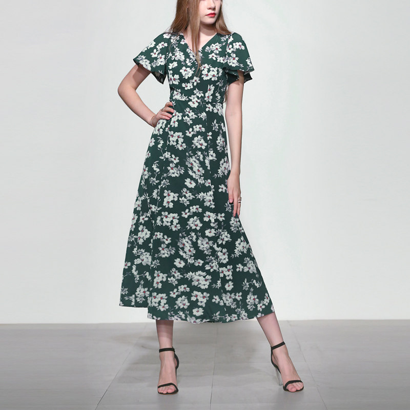 夏季气质名媛休闲碎花长裙短袖显瘦中长款连衣裙女装夏装2017新款