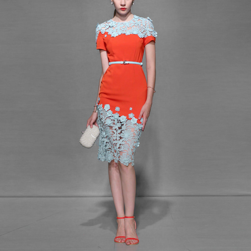 夏季气质名媛蕾丝修身裙子短袖显瘦中长款连衣裙女装夏装2017新款